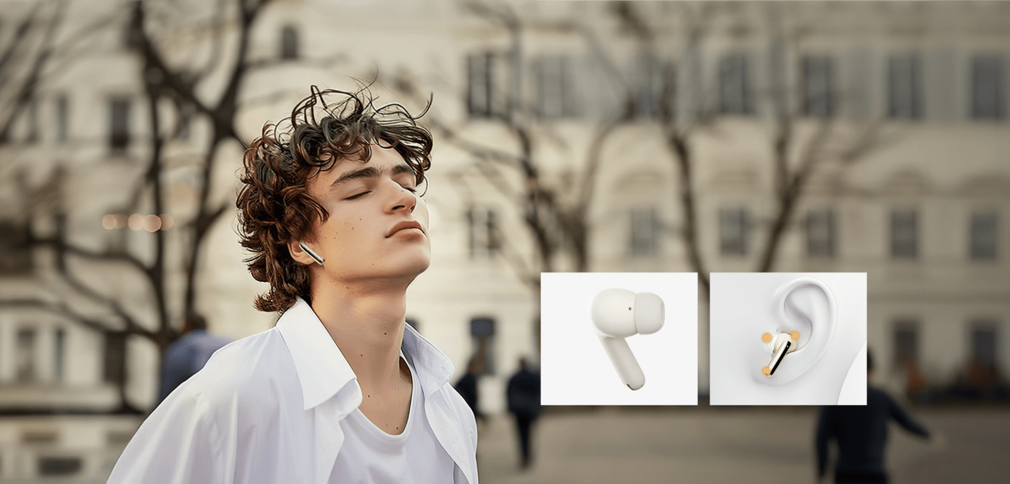 Junger Mann mit kabellosen Ohrhörern genießt Musik draußen – Produktbild zeigt weiße In-Ear-Kopfhörer und Tragekomfort.