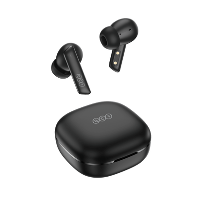 Black QCY MeloBuds ANC earbuds with charging case, sleek design on white background.