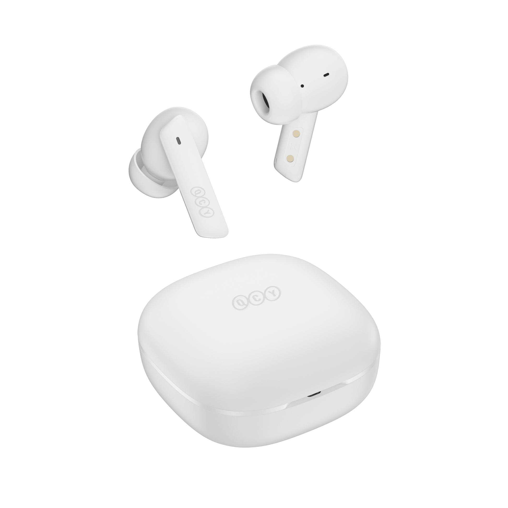 White QCY MeloBuds ANC earbuds with charging case, sleek design on white background.