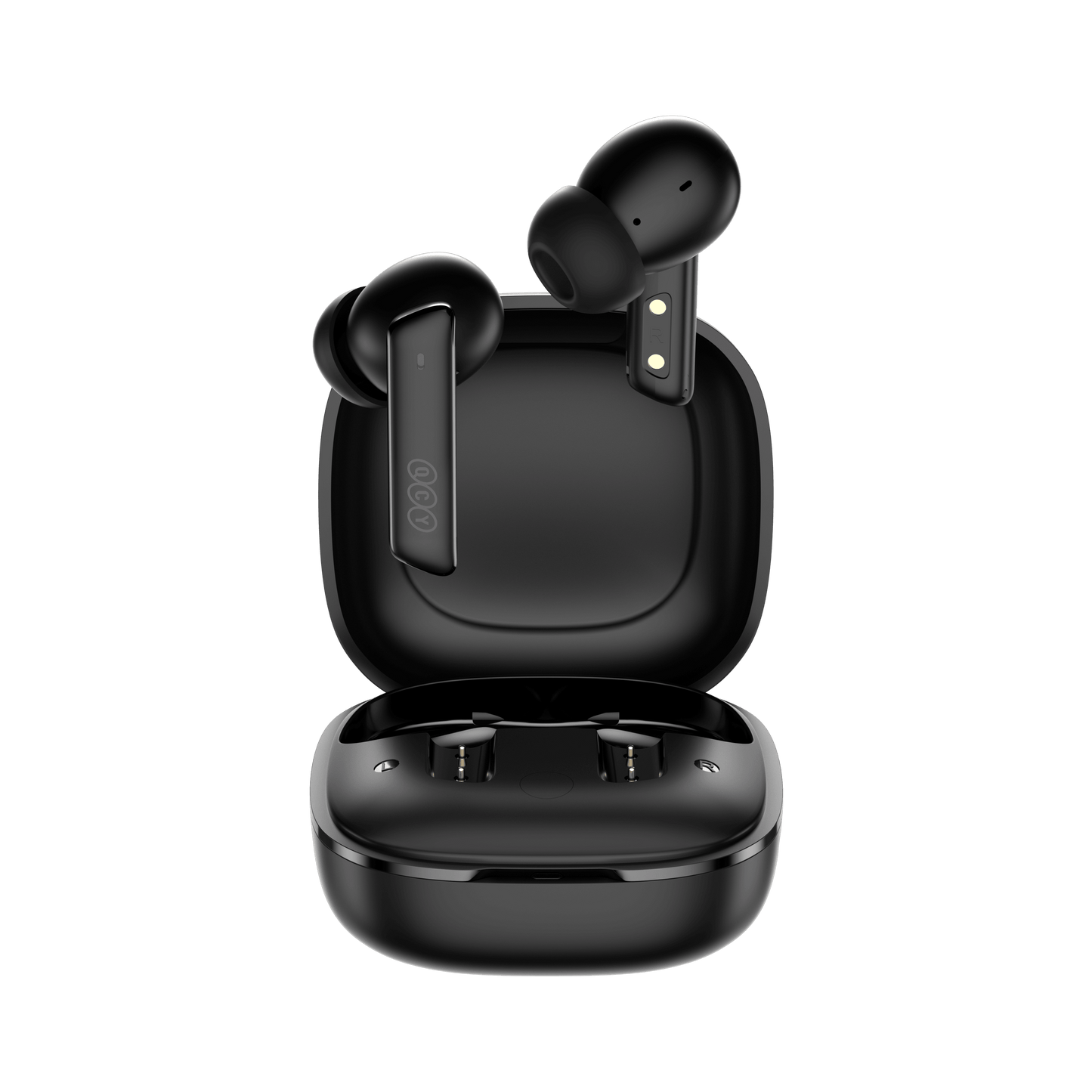 Black QCY MeloBuds ANC earbuds with open charging case, sleek design on white background.