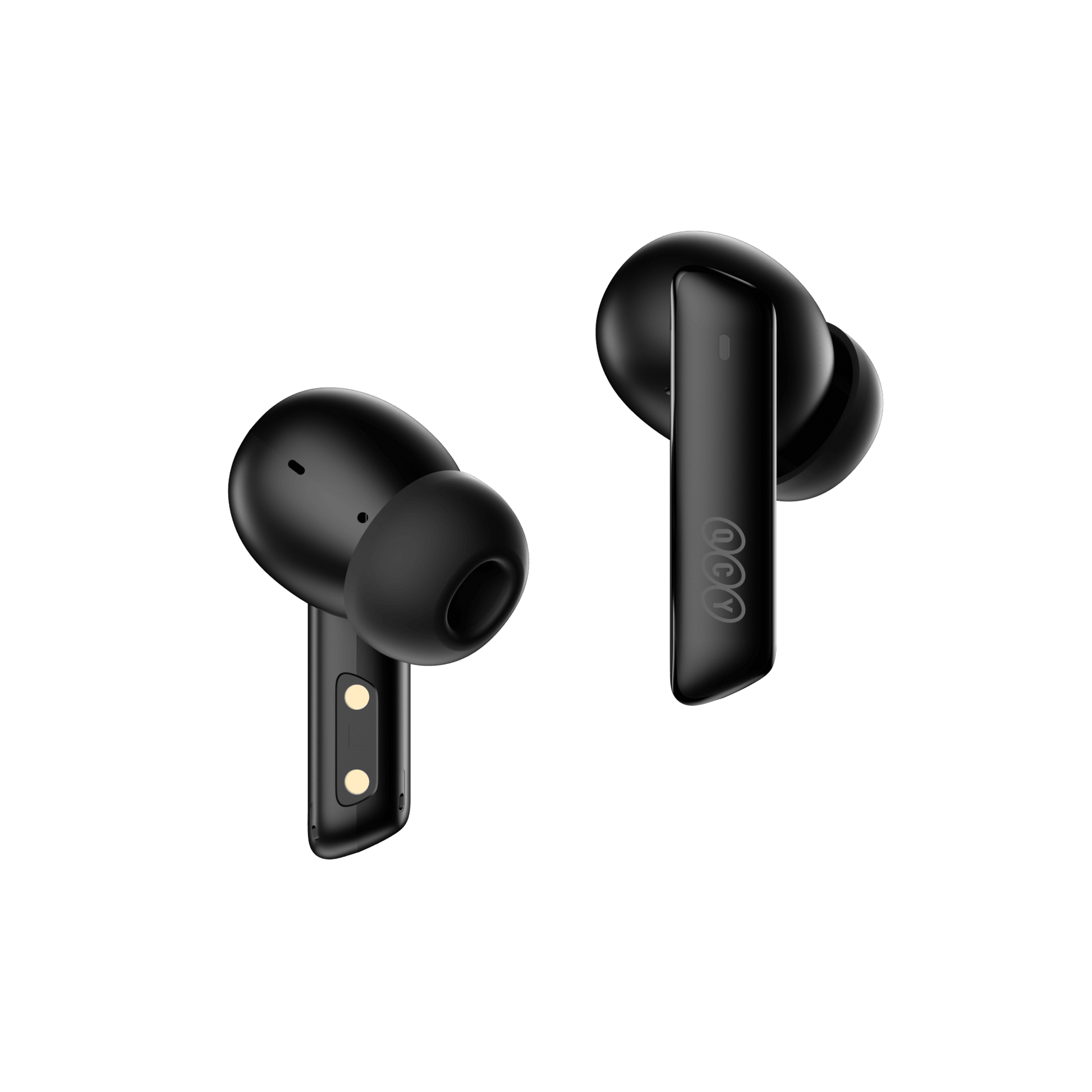 Black QCY MeloBuds ANC earbuds, sleek and compact design on white background.