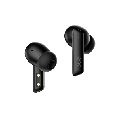 Black QCY MeloBuds ANC earbuds, sleek and compact design on white background.