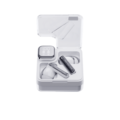 White QCY MeloBuds Neo earbuds in open clear case with display, angled view, "Hear Your Voice" text visible.