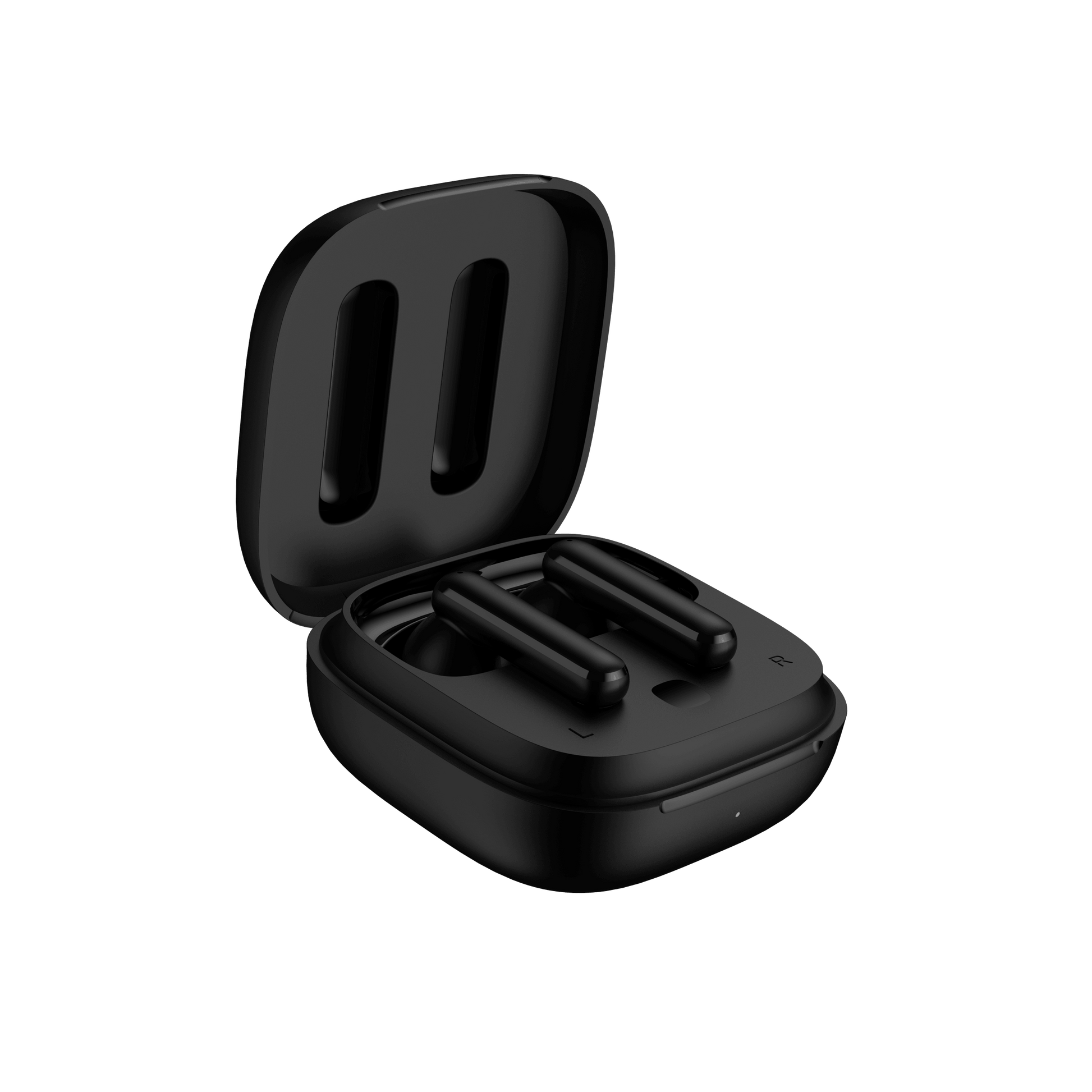 Black QCY T13 ANC charging case with lid open at 45-degree angle, diagonal view showing earbuds inside