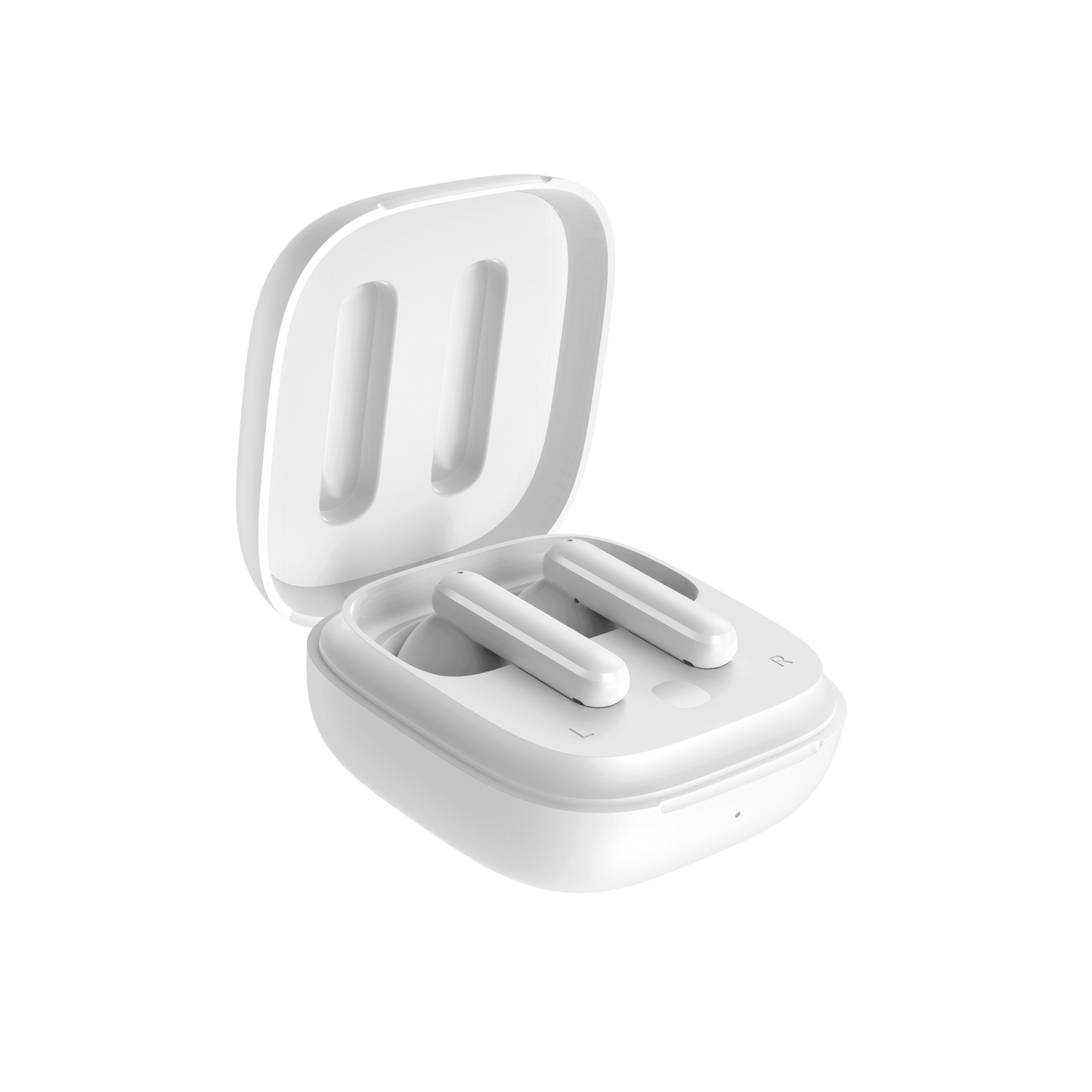 White QCY T13 ANC charging case with lid open at 45-degree angle, diagonal view showing earbuds inside