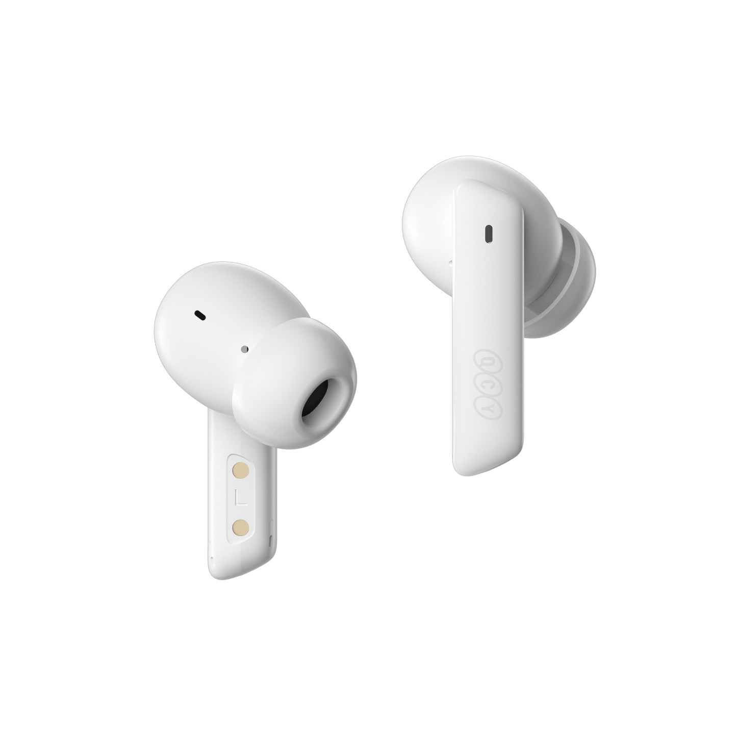 White QCY MeloBuds ANC earbuds, sleek and compact design on white background.