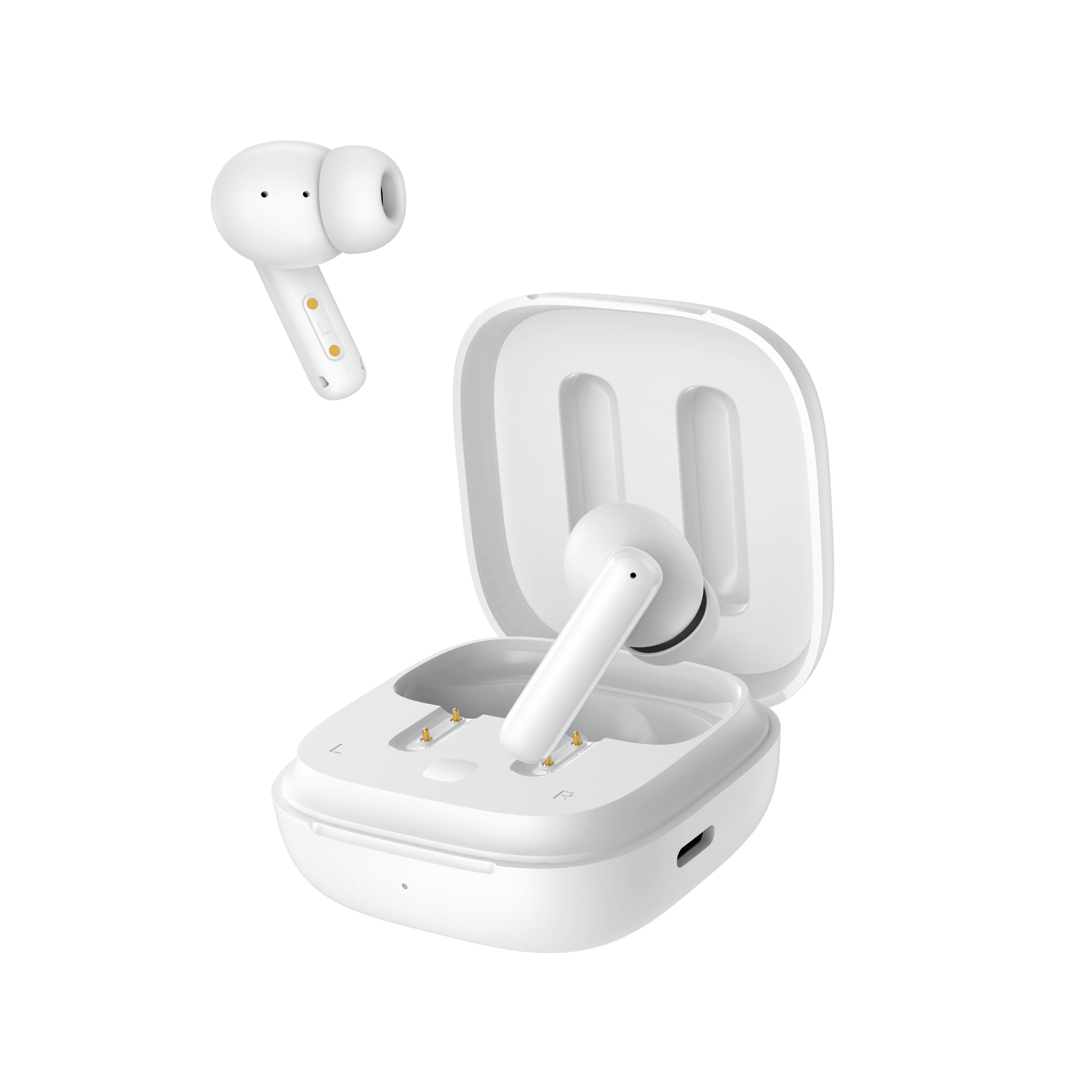 White QCY T13 ANC with one earbud floating, side-angled view of open case showing charging contacts and LED