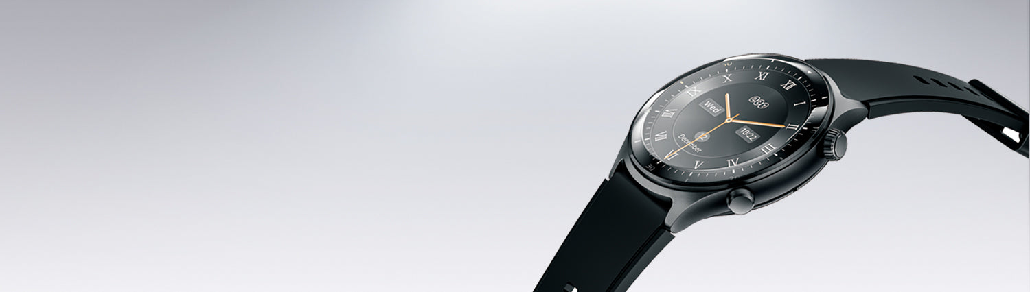 Smartwatch com bracelete preta e números romanos, relógio moderno com ecrã digital e design elegante.
