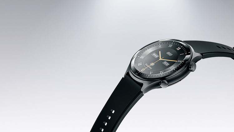 Smartwatch com bracelete preta e mostrador clássico, design moderno para tecnologia elegante.