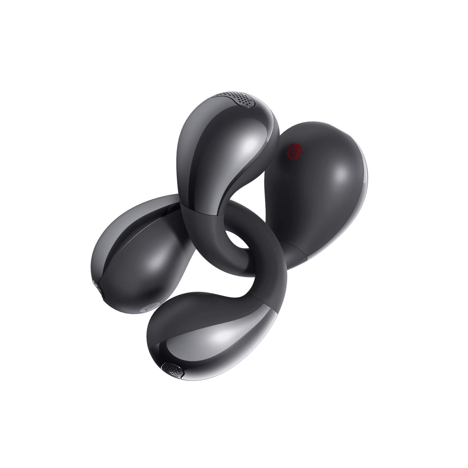Black QCY Crossky C30 earbuds arranged in artistic spiral pattern showing L/R indicators on light background.