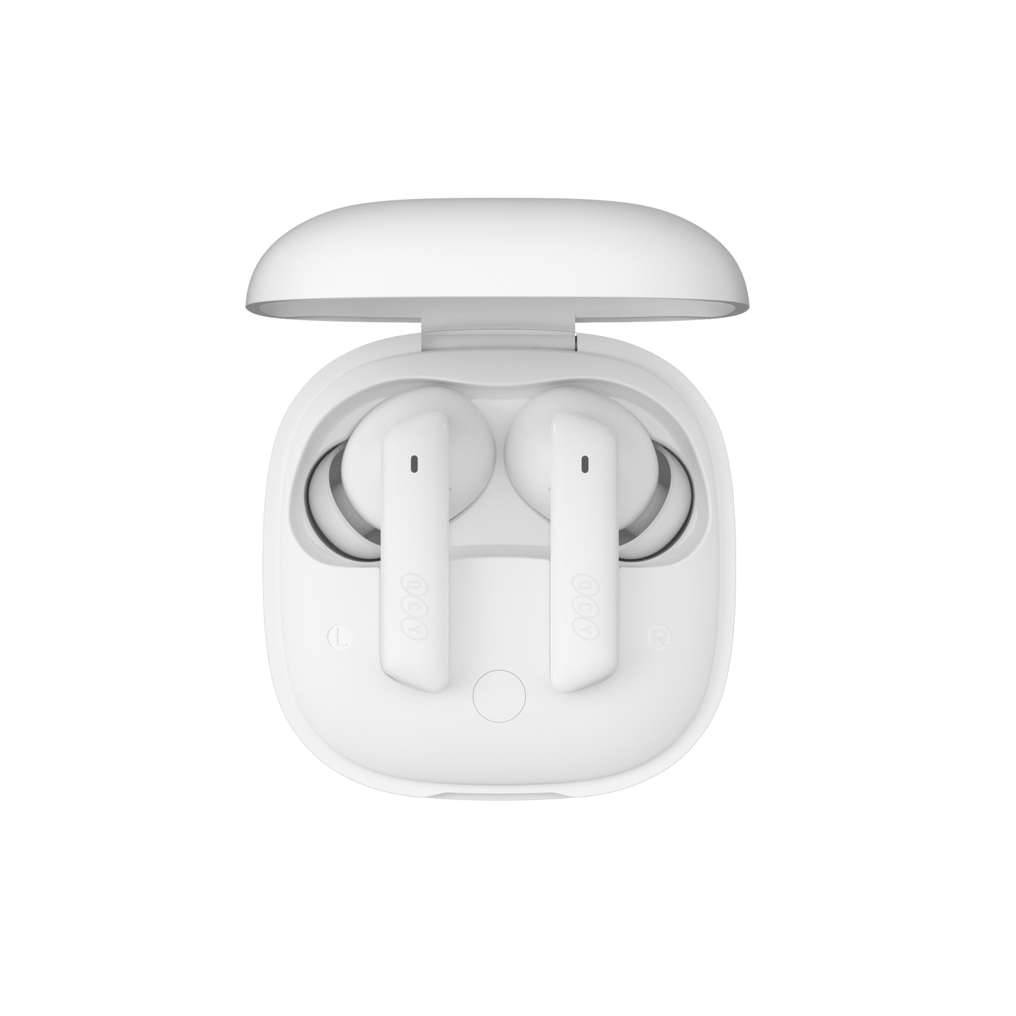 White QCY MeloBuds ANC earbuds in open charging case, top view, sleek design on white background.