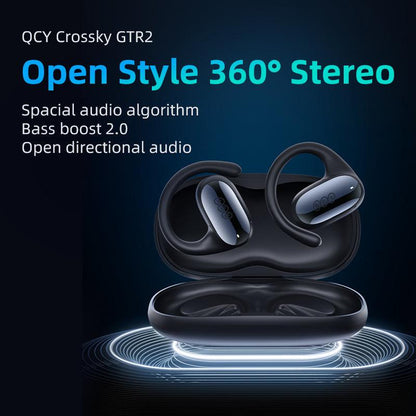 White QCY Crossky GTR2 earbuds in charging case, highlighting open style 360° stereo and bass boost features