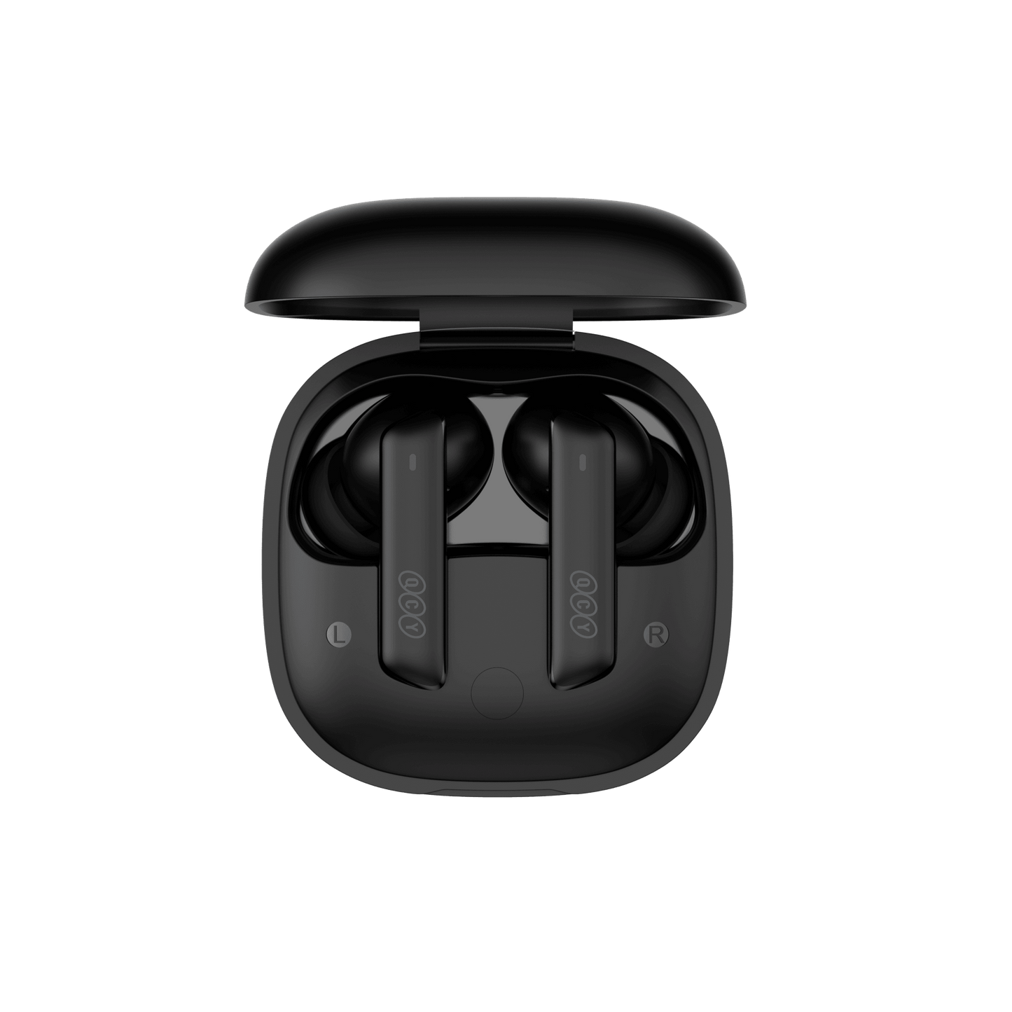 Black QCY MeloBuds ANC earbuds in open charging case, top view, sleek design on white background.