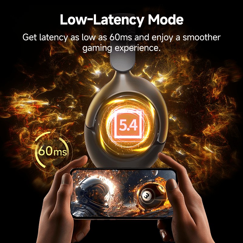 Auscultadores QCY H3 Pro pretos com modo de baixa latência, atraso de 60 ms para jogos fluidos, apresentados com gráficos de jogos.