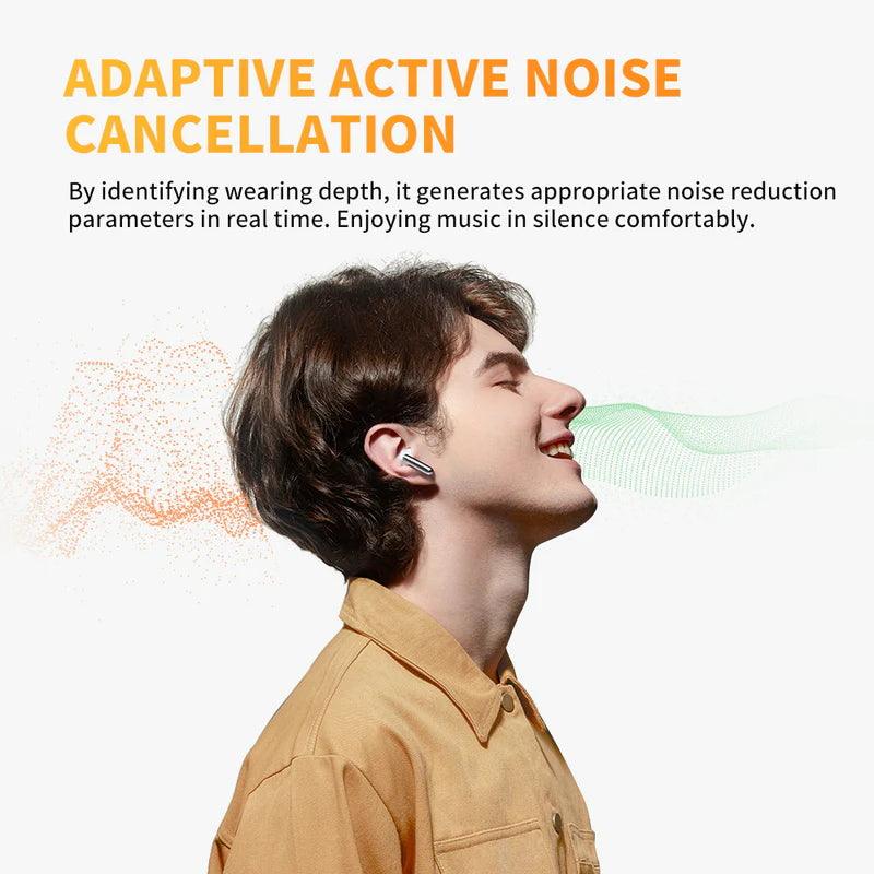 Black QCY AilyBuds Pro+ with adaptive noise cancellation, shown with visual effects of noise reduction in orange and green.