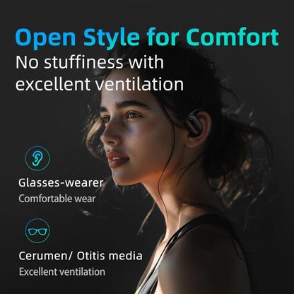 Black QCY Crossky GTR2 earbuds worn by model, highlighting open style for comfort and ventilation for glasses wearers
