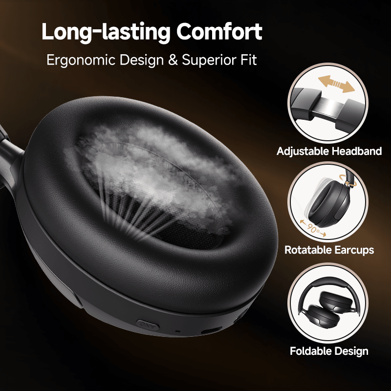 Auscultadores QCY H3 Pro pretos com design ergonómico, arco ajustável, auriculares giratórios e design dobrável para conforto de utilização ideal.