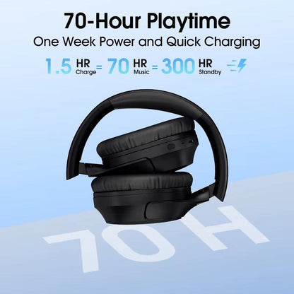 Auriculares QCY H2 Pro brancos com 70 horas de reprodução, 1,5 horas de carregamento para 70 horas de reprodução musical e 300 horas em modo de espera.