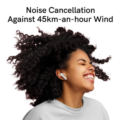 Black QCY MeloBuds ANC earbuds with noise cancellation against 45km/h wind, shown on model enjoying music.