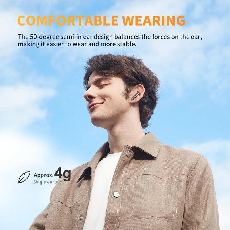 Black QCY AilyBuds Pro+ featuring 50-degree semi-in ear design and 4g lightweight, shown on model against blue sky.