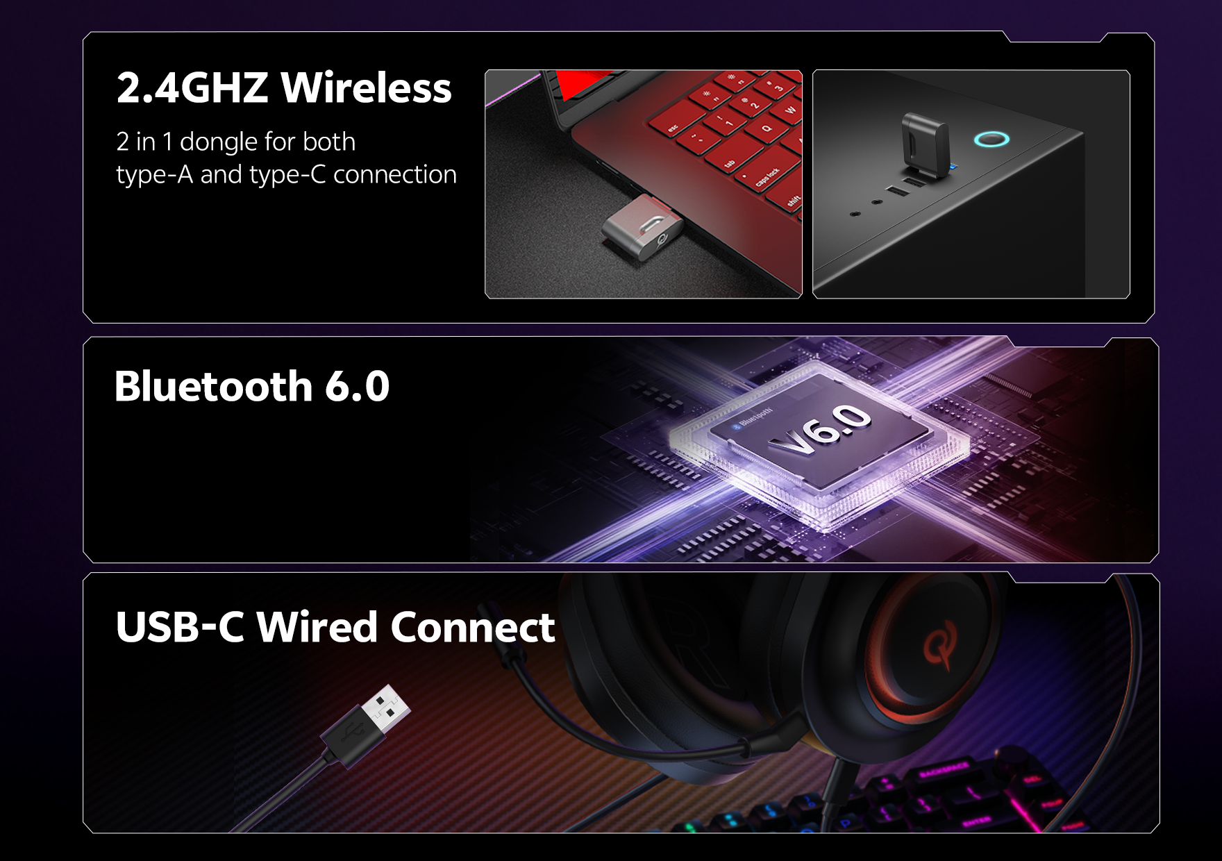 Auriculares QCY HT05: 2,4 GHz sem fios, Bluetooth 6.0 e ligação por cabo USB-C para jogos