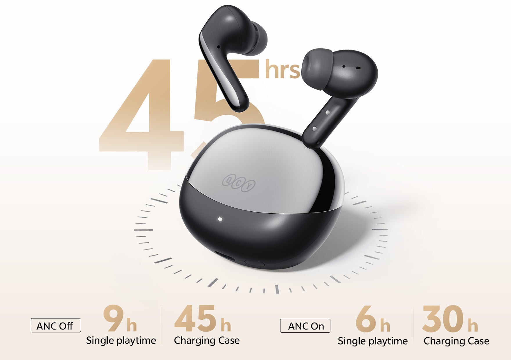 Auriculares sem fios QCY com ANC: 9h de autonomia, 45h com estojo de carregamento. Preto, ergonómico, para música e chamadas.