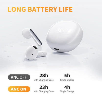 White QCY AilyBuds Pro+ battery life specifications - showing white earbuds and charging case on light background. Text displays "LONG BATTERY LIFE" with detailed battery duration: ANC OFF mode offers 28h with charging case and 5h single charge; ANC ON mode provides 23h with charging case and 4h single charge.
