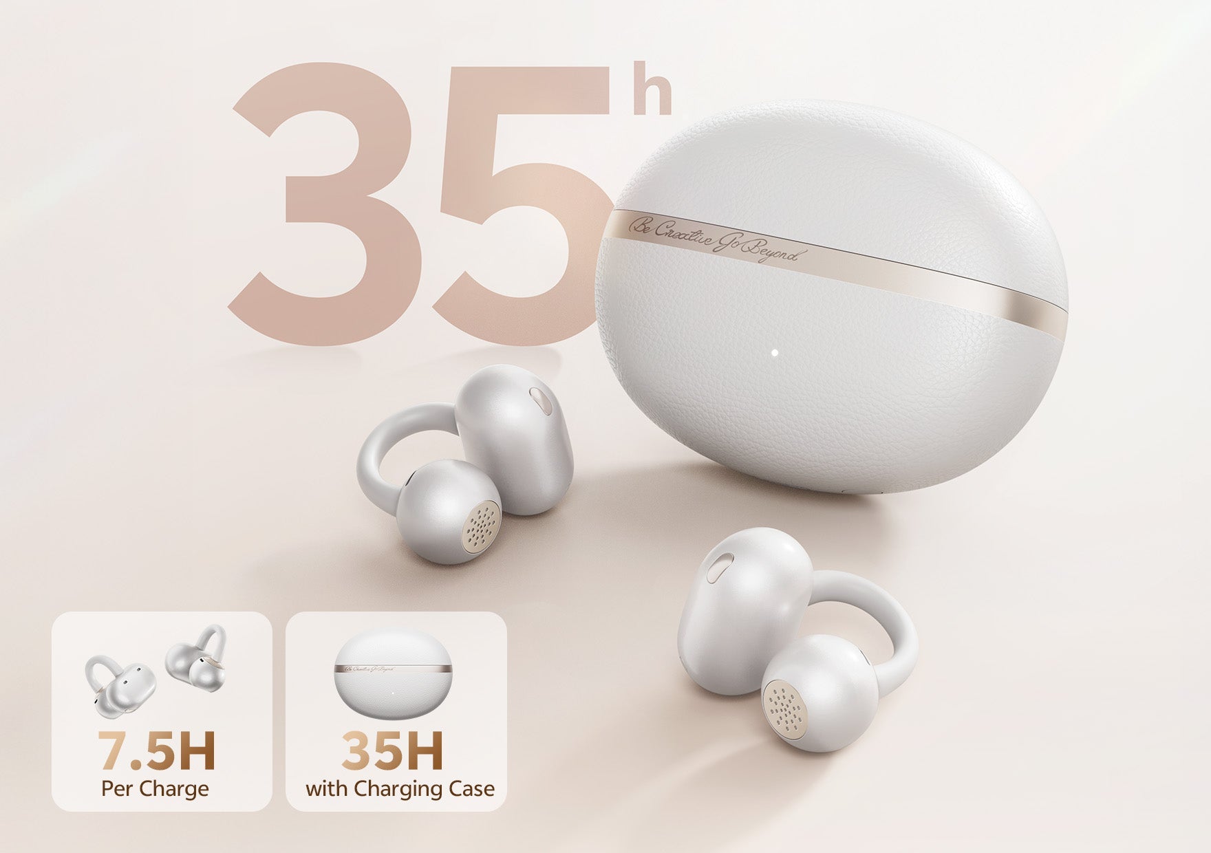 Auriculares sem fios brancos com estojo de carregamento – 35 horas de autonomia, design ergonómico.
