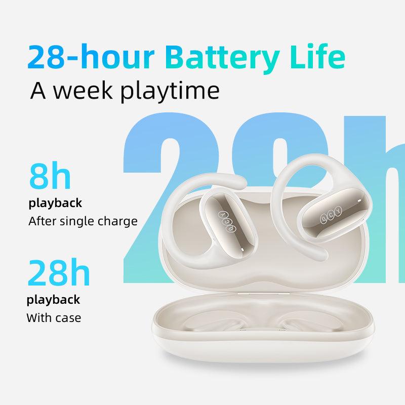 White QCY Crossky GTR2 earbuds showcasing 28-hour battery life, with 8 hours playback after single charge and 28 hours total