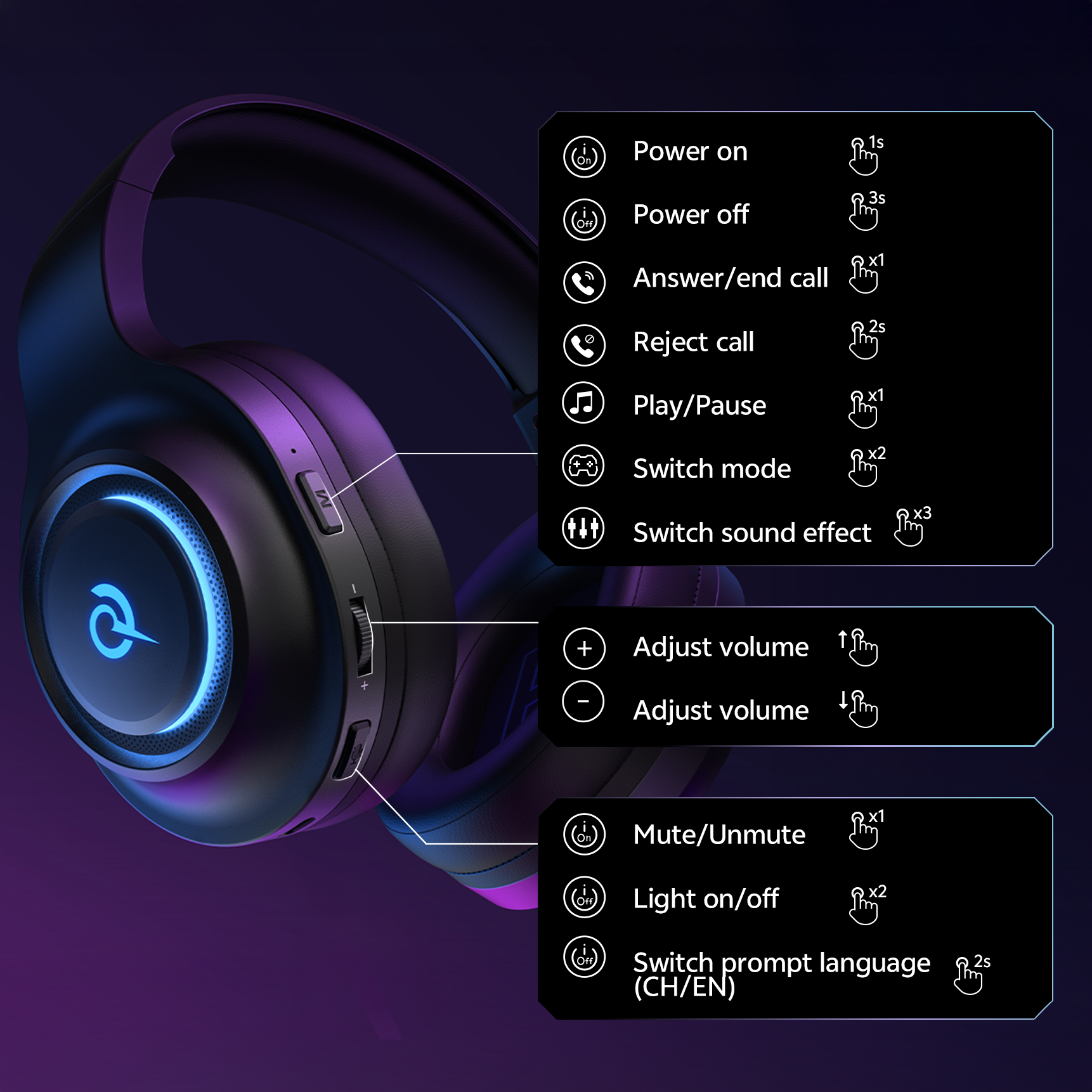 Auriculares para jogos com iluminação RGB, controlo tátil e seleção de voz.