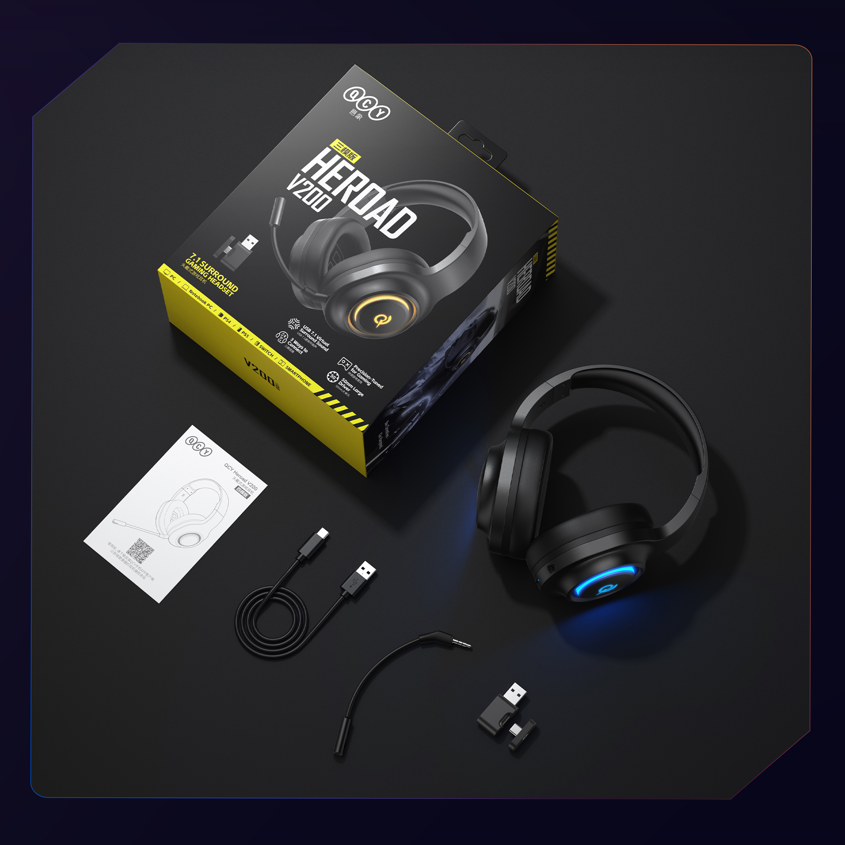 Auriculares Gaming QCY V200 com som surround 7.1, luz LED azul e ligação USB.