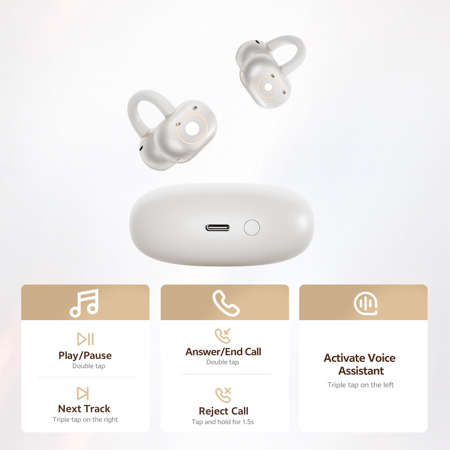 Auriculares sem fios brancos com caixa de carregamento – controlo tátil para música, chamadas e assistente de voz.