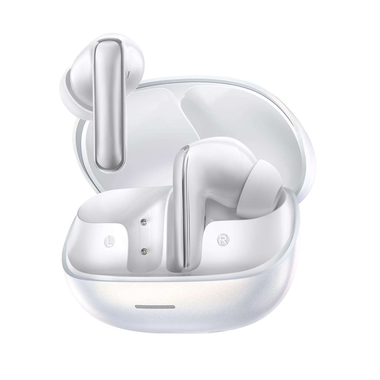 MeloBuds N65 – auriculares True Wireless brancos com caixa de carregamento.