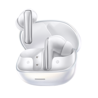 MeloBuds N65 – auriculares True Wireless brancos com caixa de carregamento.
