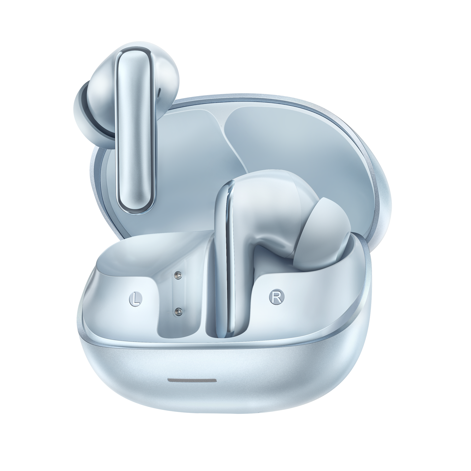 MeloBuds N65 – auriculares sem fios elegantes em prata com estojo de carregamento.