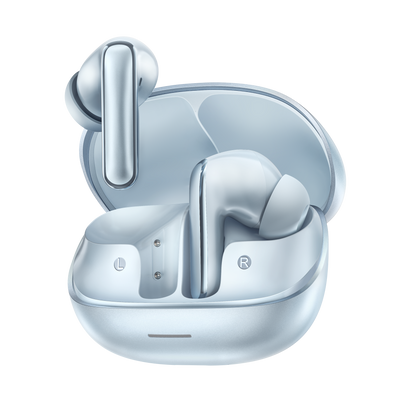 MeloBuds N65 – auriculares sem fios elegantes em prata com estojo de carregamento.