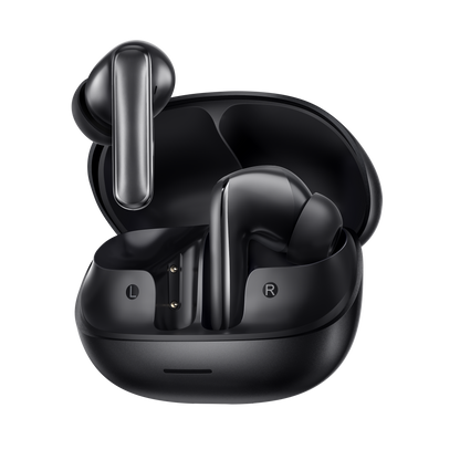 MeloBuds N65 – auriculares True Wireless pretos com estojo de carregamento, marcações L/R.