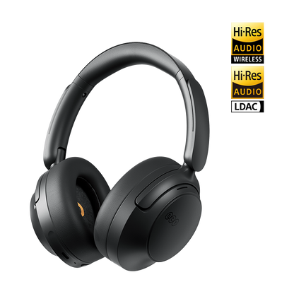 Auscultadores sem fios QCY H3S Over-Ear pretos, vista frontal ligeiramente inclinada para a direita com certificações Hi-Res Audio Wireless e LDAC.