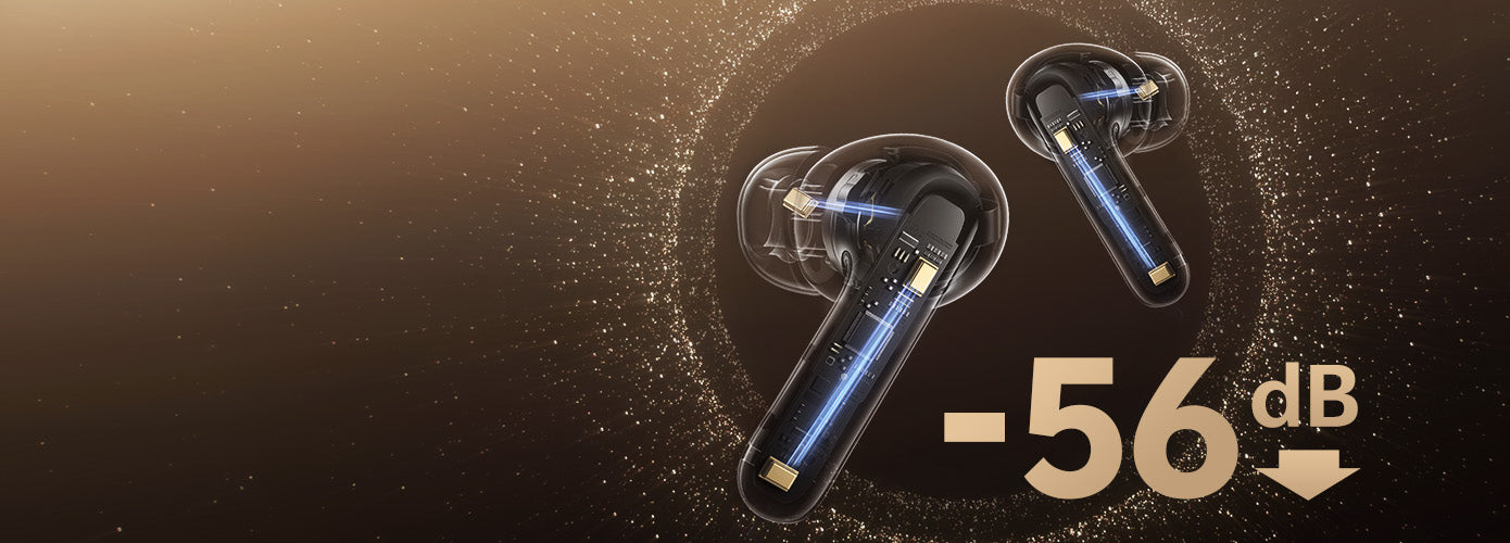 Auriculares intra-auriculares premium com cancelamento de ruído de -56 dB, design transparente e luz LED azul.