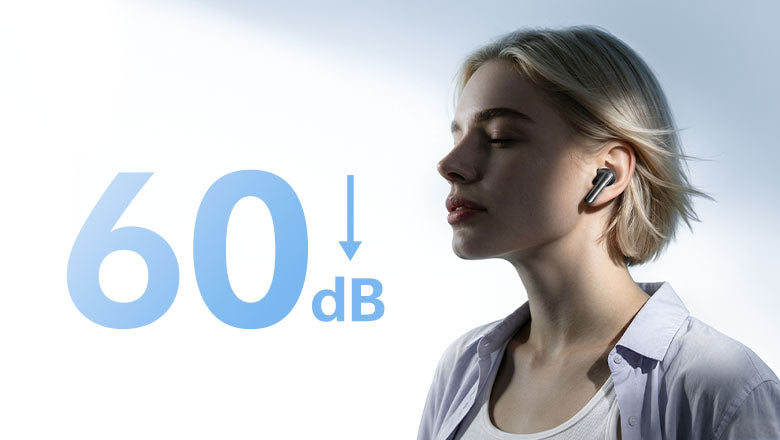 Mulher com auscultadores Bluetooth, cancelamento de ruído de 60 dB.
