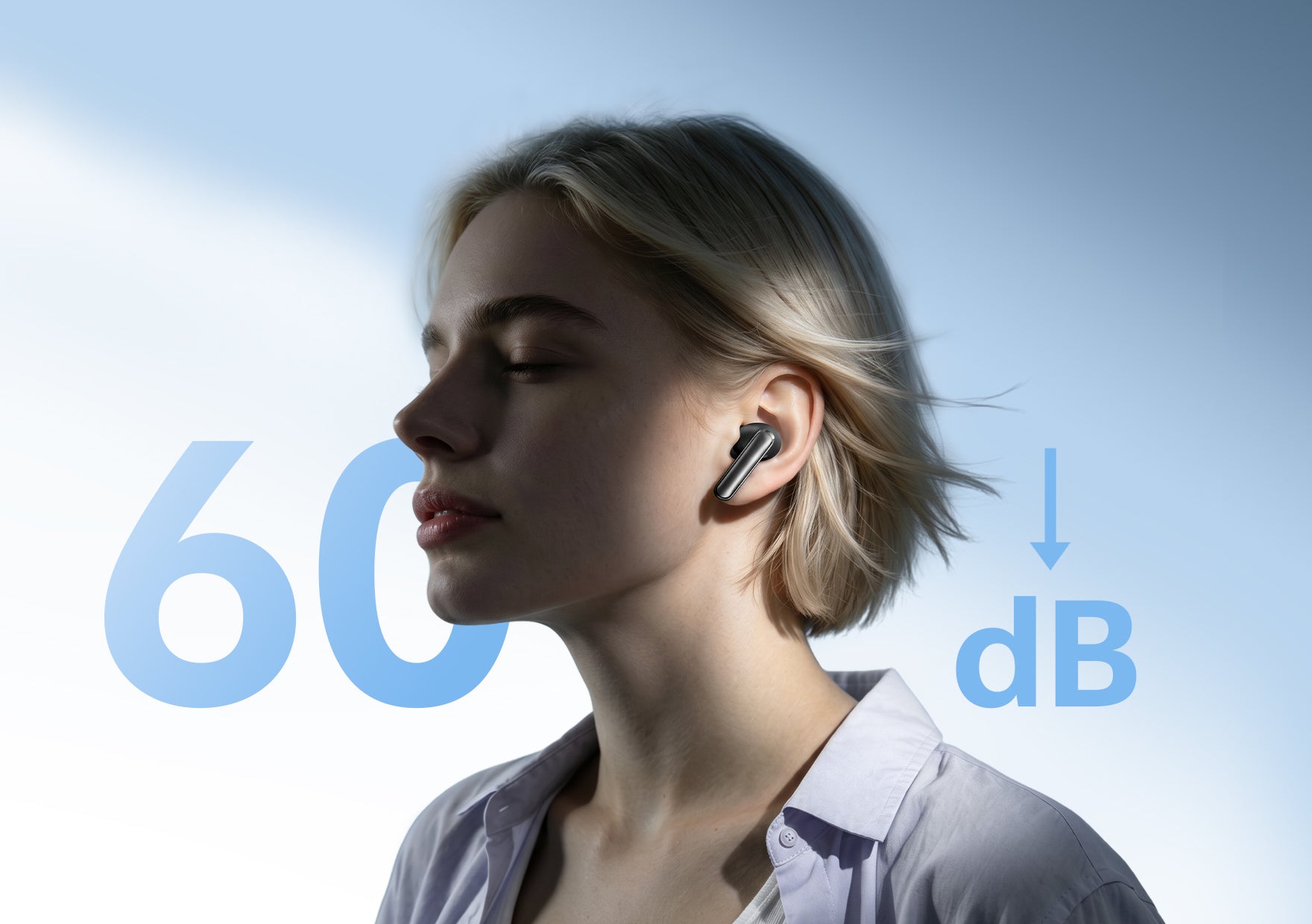 Mulher com auscultadores Bluetooth, cancelamento de ruído de 60 dB.