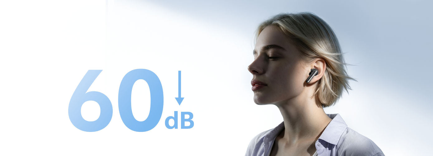 Mulher com auscultadores Bluetooth, cancelamento de ruído de 60 dB – ideal para trabalho concentrado no escritório.