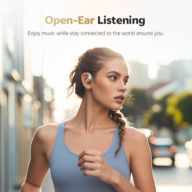Mulher a correr ao ar livre com os auriculares QCY Crossky R70 Open-Ear e destaca a experiência de audição Open-Ear