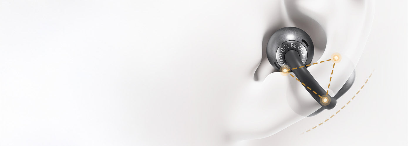 Auriculares intra-auriculares pretos com gráfico de ondas sonoras no ouvido.