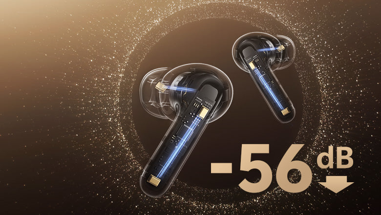 Auriculares sem fios com cancelamento de ruído de -56 dB, representação transparente dos componentes internos sobre fundo dourado