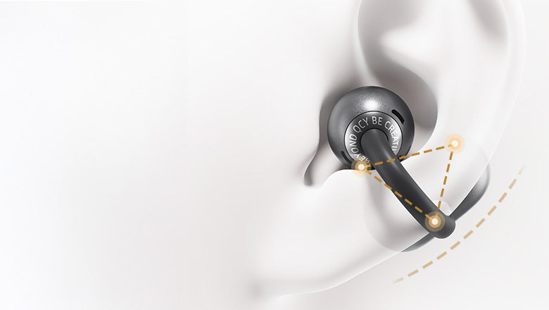 Auriculares sem fios com design ergonómico para uma fixação segura no ouvido, ideais para desporto e uso diário.
