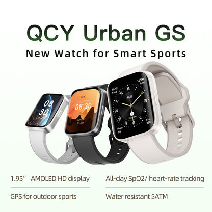 QCY Urban GS Smart Watch highlighting health metrics including heart rate and step count on a modern display