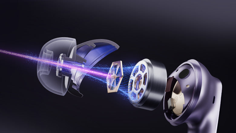 Estrutura interna dos AirPods Pro com componentes visíveis e efeitos de luz.