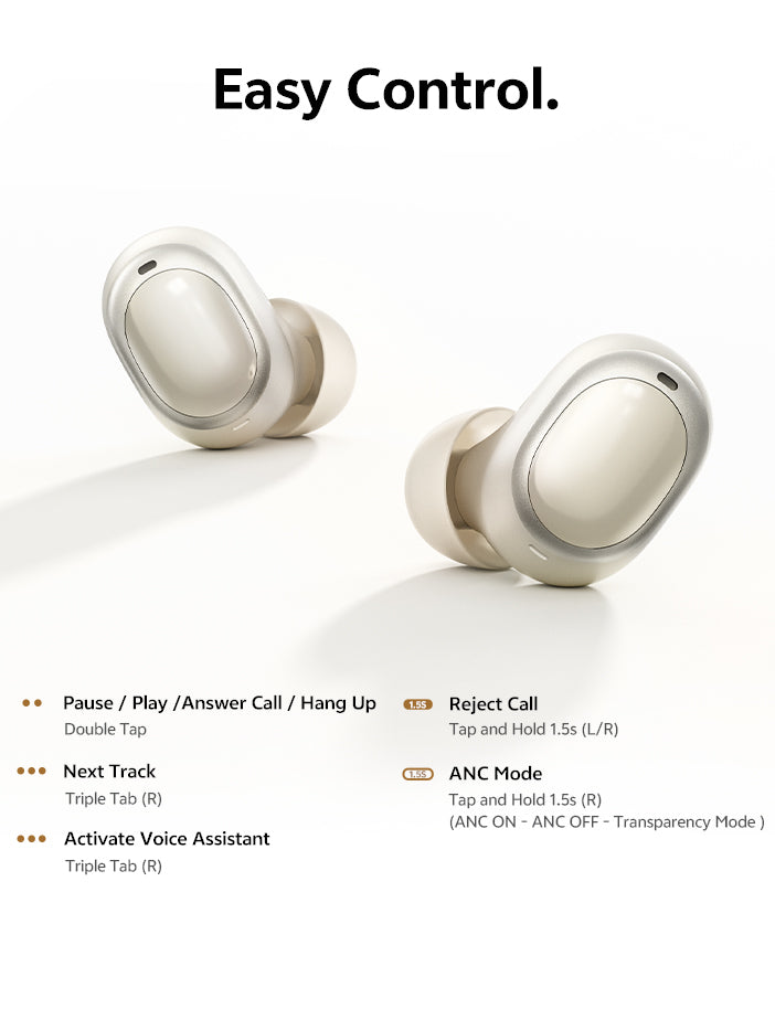 Auriculares sem fios brancos com controlo tátil: toque duplo para reproduzir/pausar, toque triplo para faixa/assistente, manter premido para ligar