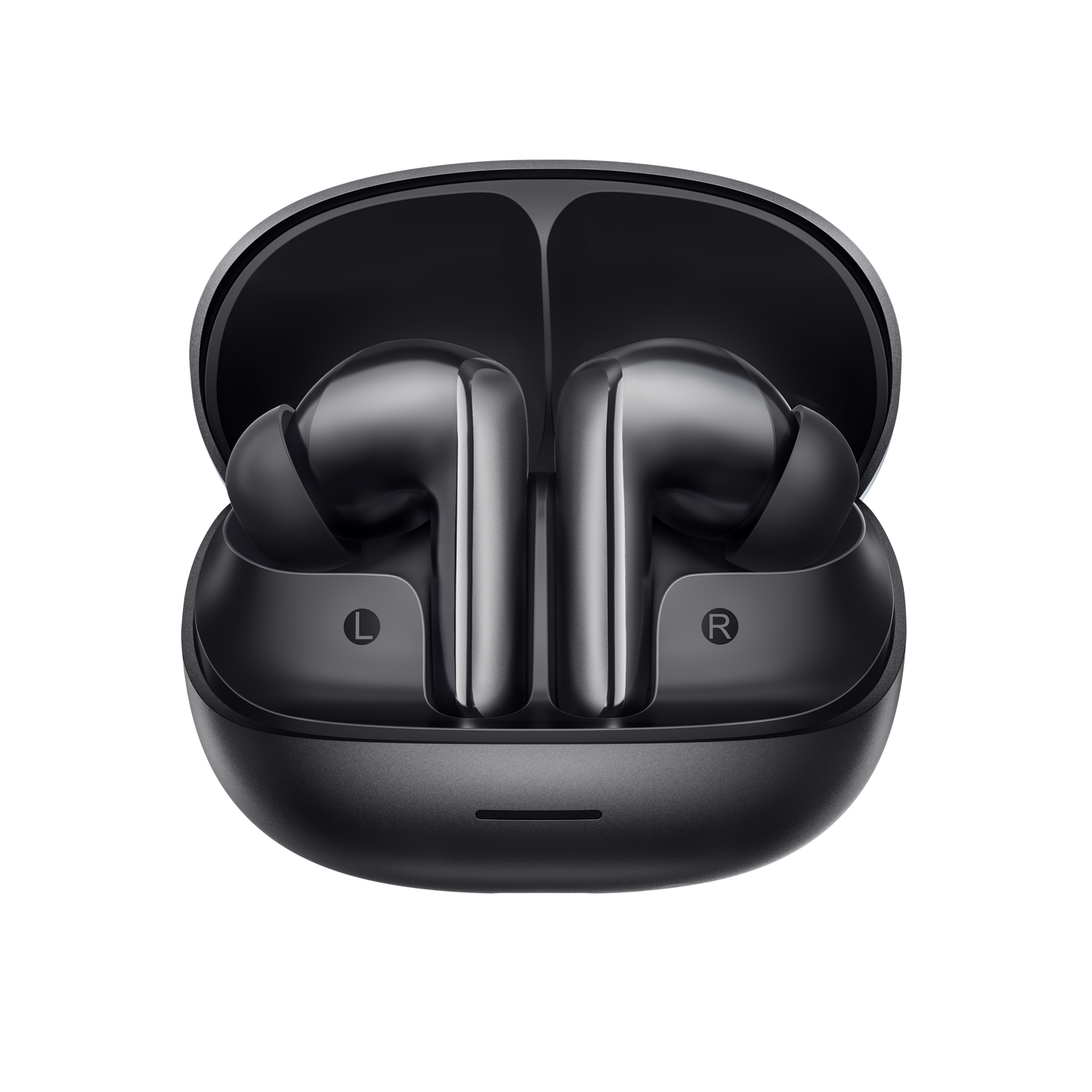 MeloBuds N65 – auriculares True Wireless pretos no estojo de carregamento.
